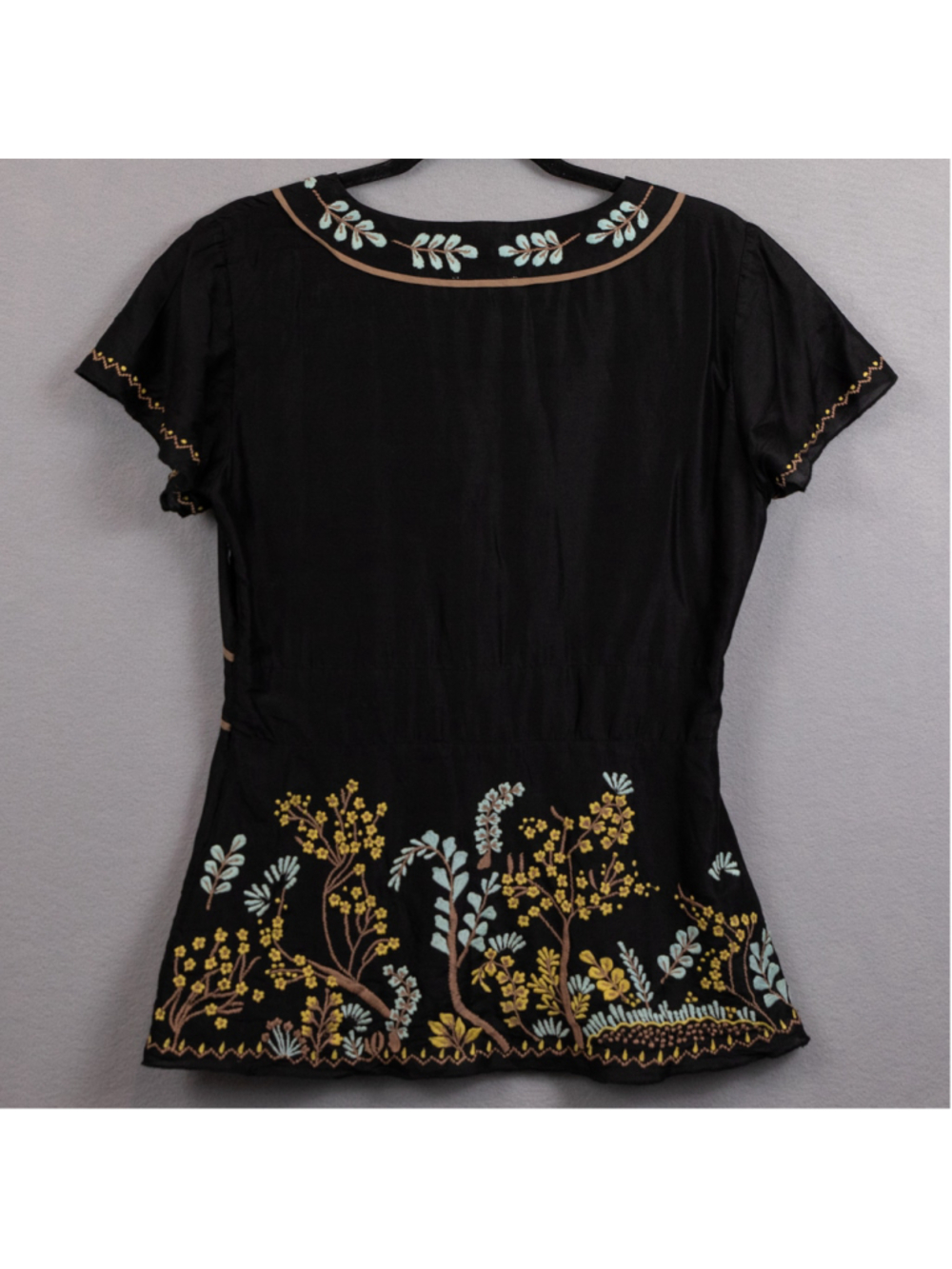 Sundance black floral embroidered silk cotton blend v-neck top-6 - Picture 5 of 5